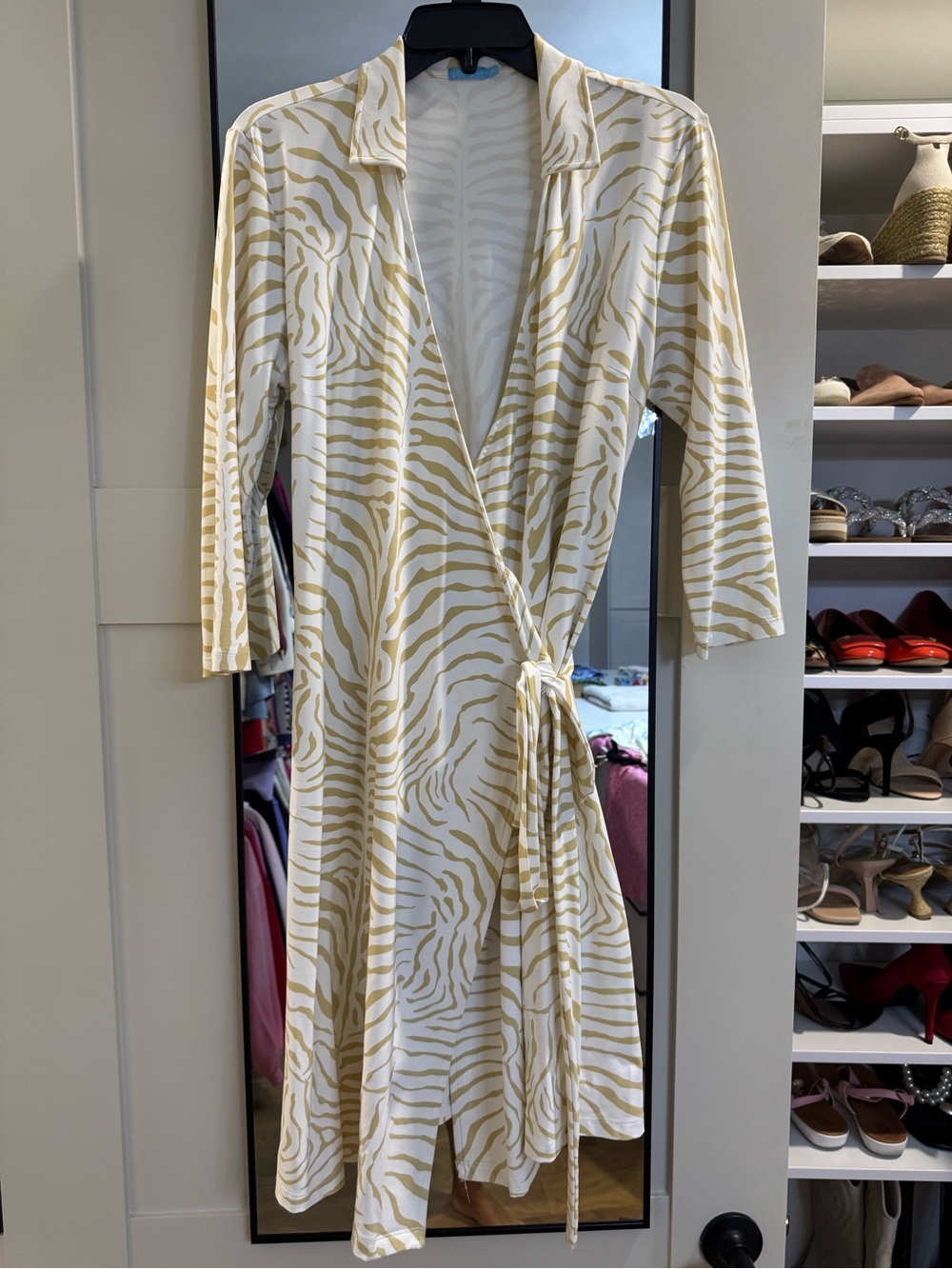 J. McLaughlin Cream and Gold Zebra-Print Wrap Dress